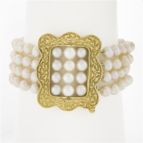 Cultured Pearl w/ 14k Gold Textured Buckle Style 4 Row Strand 5-6mm Bracelet