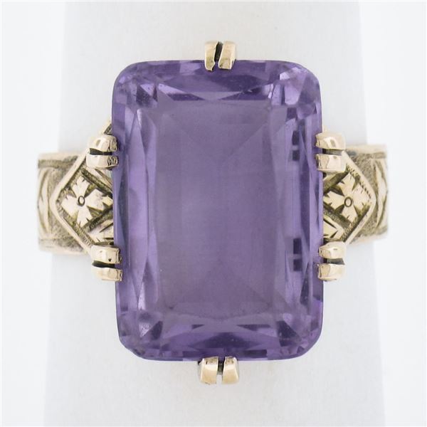Antique Victorian 10K Gold Rectangular Cut Amethyst Solitaire Engraved Ring