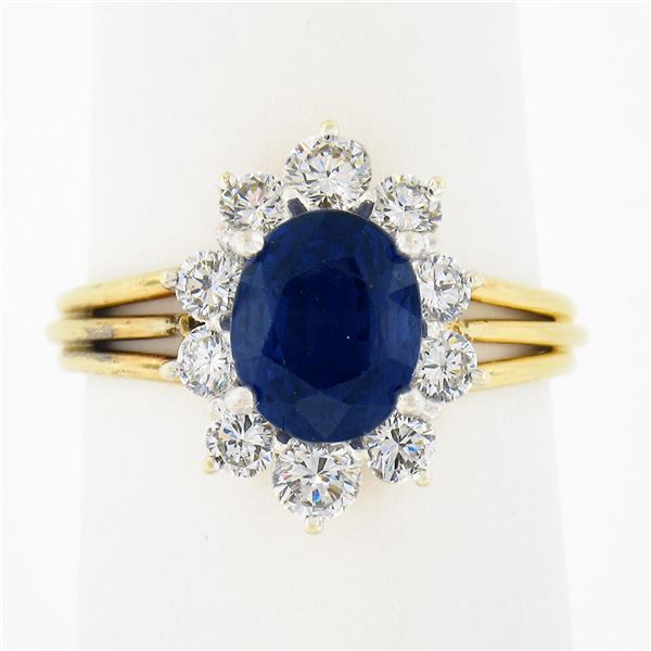 18K Gold 2.95 ctw GIA Burma No Heat Oval Blue Sapphire Diamond Halo Cocktail Rin