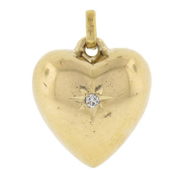 Vintage 14K Yellow Gold 0.02 ctw Star Pave Diamond Polished Puffed Heart Pendant