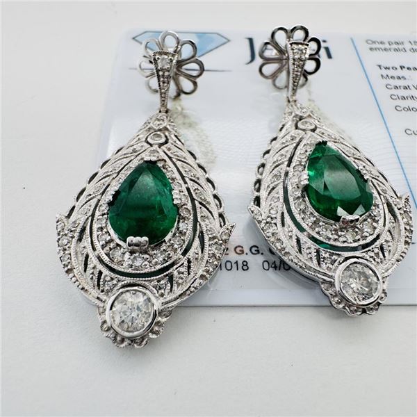 3.54 ctw Emerald and 1.49 ctw Diamond 18K White Gold Drop Dangle Earrings