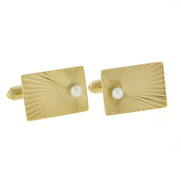 Vintage 14K Gold Rectangular Sunburst Fluted Finish Cuff Links w/ Bead Pearl