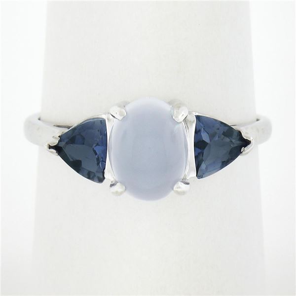 14K White Gold Oval Cabochon Cut Chalcedony & 0.80 ctw Trillion Tanzanite Ring