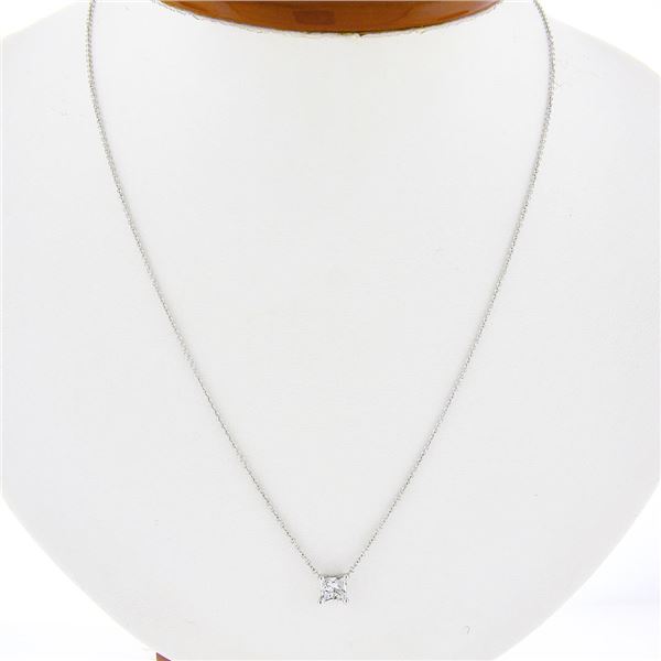 NEW 14k White Gold 0.48 ctw Princess Cut Prong Diamond Solitaire Pendant Necklac