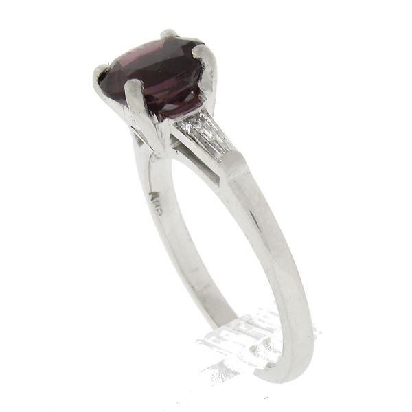 Vintage Platinum 1.99 ctw Round Rhodolite Garnet w/ Baguette Channel Diamond Rin