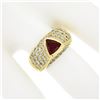 Image 3 : 18K Yellow Gold GIA Bezel Triangular Ruby Solitaire Pave Diamond Dome Band Ring