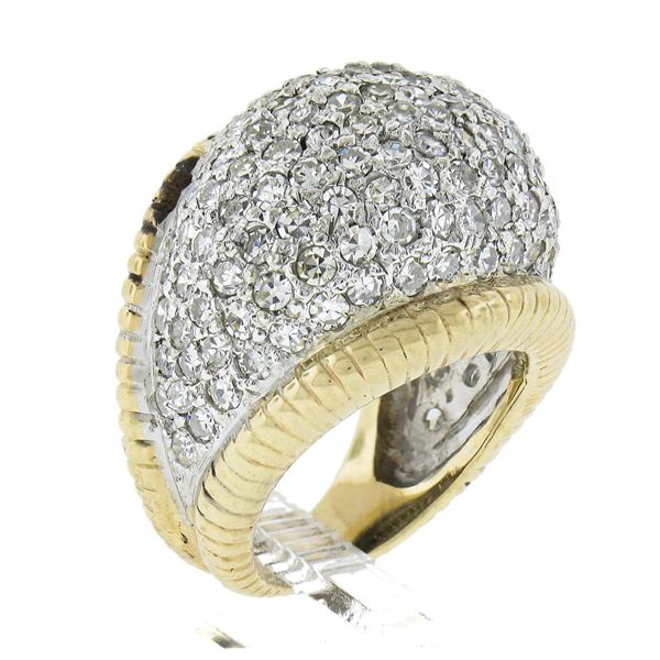 Vintage 14K TT Gold 4 ctw Pave Set Diamond Domed Bombe Grooved Wide Band Ring