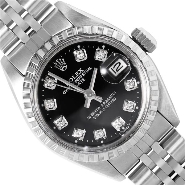 Rolex Ladies Stainless Steel Black Diamond Engine Turn Bezel Date Watch 26MM