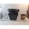 Image 1 : (4) Large Plastic Planter Pots, (1) Ceramic Pot, (1) White Metal Glass Lantern No Light - PICK UP