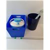 Image 1 : (2) Plastic Garbage/Storage Bins, Portable Water Cooler, Skeleton Prop Hand