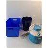 Image 2 : (2) Plastic Garbage/Storage Bins, Portable Water Cooler, Skeleton Prop Hand