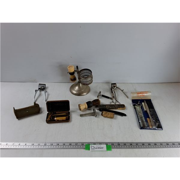 Vintage Barber Shaving Equipment (5) Razors, (2) Brushes, (2) Trimmers, Misc