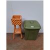 Image 1 : ** Green Plastic Garbage Can w/Lid & Orange Wood Planter - CANNOT SHIP