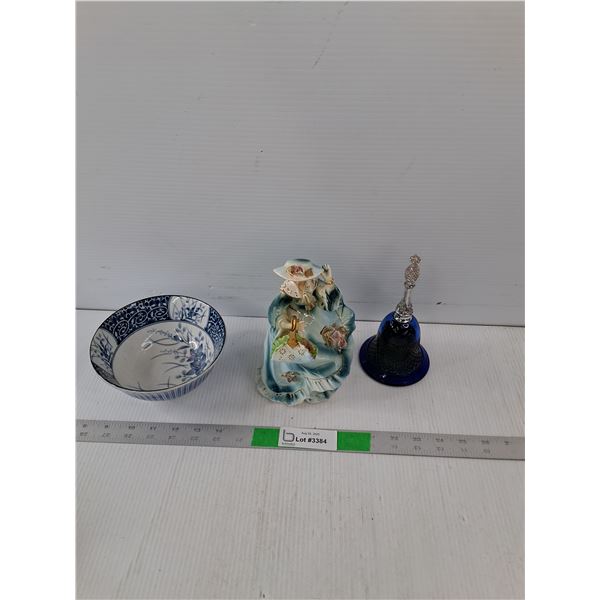 Ceramic Japanese Bowl, Porcelain Japanese Lady, Glass Aftershave Bell