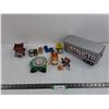 Image 1 : (5) 3″ Small Toy Cars, (3) 4.5″ Toy Trucks, 11″ Structo Metal Trailer