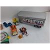 Image 2 : (5) 3″ Small Toy Cars, (3) 4.5″ Toy Trucks, 11″ Structo Metal Trailer