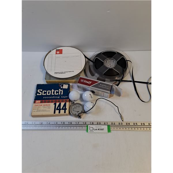 (5) Vintage Film Reels, Vintage Voltage Meter, Staff 3-pack Golf Balls