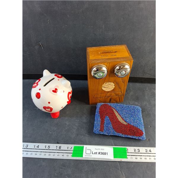 Ceramic & Wooden Coin Banks, Beaded Coin Wallet