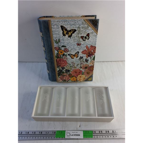 Book Style Storage Box and (5) Sapporo Glass Cups