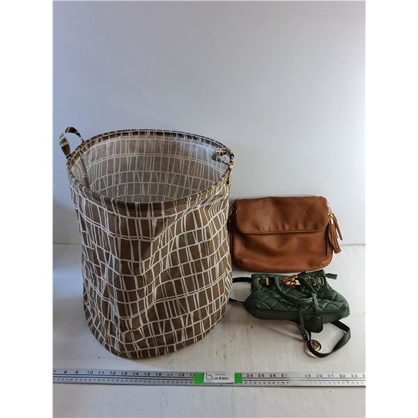 (2)  Faux Leather Ladies Purses, Laundry Hamper 17" x 14"