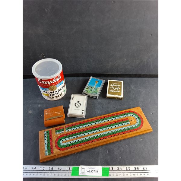Cribbage Board, Playing Cards and Campbell's Alphabet Dice