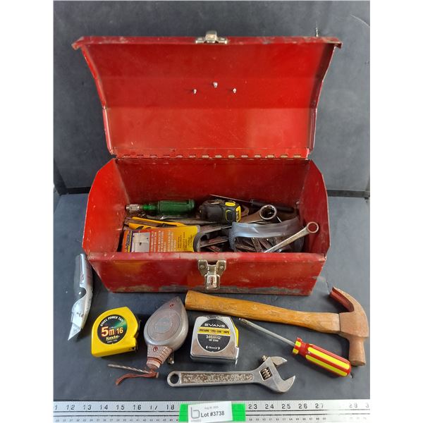 Vintage Metal Tool Box 15" x 8" x 8", Hammer, Measuring Tapes, Wrenches,  Chalk Line, Screwdrivers