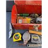 Image 2 : Vintage Metal Tool Box 15" x 8" x 8", Hammer, Measuring Tapes, Wrenches,  Chalk Line, Screwdrivers