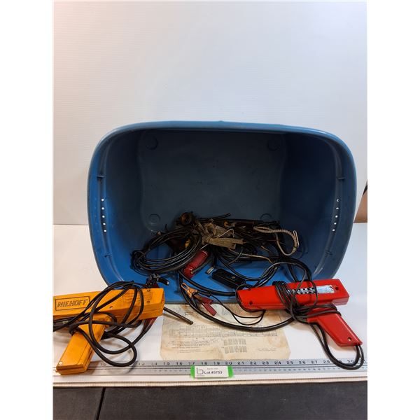 (2) Inductive Tools (As Is, Cannot Test) & Various Electrical Cords in Blue Storage Tote