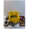Image 1 : Milk Crate w/Metal Funnel, Hub Cap, Grease, Misc, Cannot Ship