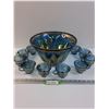 Image 1 : Vintage Carnival Indiana Blue Iridescent Grape Pattern Glass Punch Bowl Set w/12 Cups, One Has Chip 