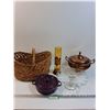 Image 1 : Wicker Basket, Glass Cake Stand, Purple Ceramic Baking Dish, Copper Tureen, Misc
