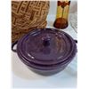 Image 3 : Wicker Basket, Glass Cake Stand, Purple Ceramic Baking Dish, Copper Tureen, Misc