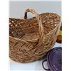 Image 5 : Wicker Basket, Glass Cake Stand, Purple Ceramic Baking Dish, Copper Tureen, Misc