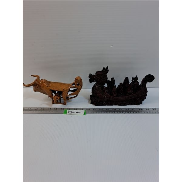 Asian Dragon Boat Figurine - 9" x 5.5" & Bull Worship Figurine - 9" x 4"