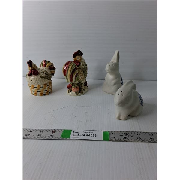 (2) Salt and Pepper Shaker Sets, Rooster and Hen Porcelain Shakers, (2) Bunny  Flower Ceramic Shaker