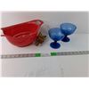 Image 1 : (2) Blue Glass Goblets, Strainer, Colored Wood Scoop with Cork Topper