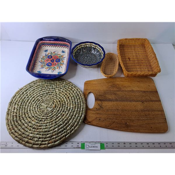 (2) Wicker Baskets, (2) WM Poland Dishes, Cutting Board, Misc