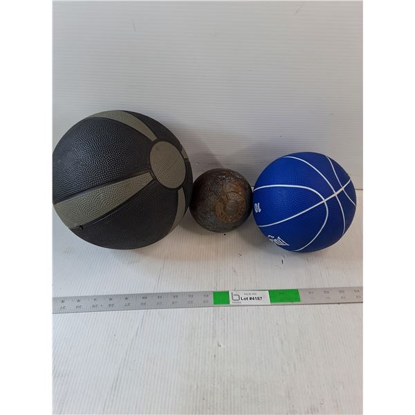(2) 10 LBS Medicine Balls, (1) Vintage 16 LBS Shot Put Cast Iron Ball