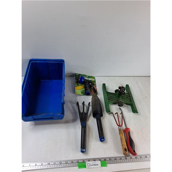Plastic Storage Bin 14'' x 8'' x 6.5'', Trowel, (2) Hand Rakes, Misc - As Is