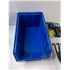 Image 2 : Plastic Storage Bin 14'' x 8'' x 6.5'', Trowel, (2) Hand Rakes, Misc - As Is