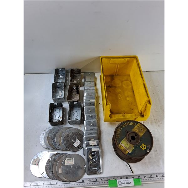 (6) Electrical Boxes, Assorted Covers, Phillips Cables, Plastic Box - As Is