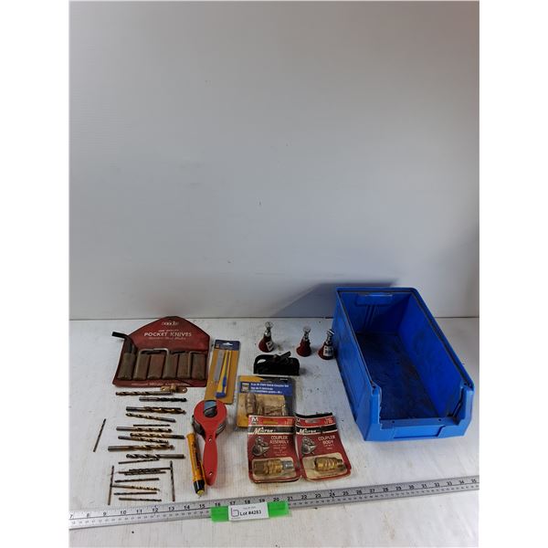 (2) Coupler Assembly, Assorted Drill Bits, Plastic Bin, Misc - As Is