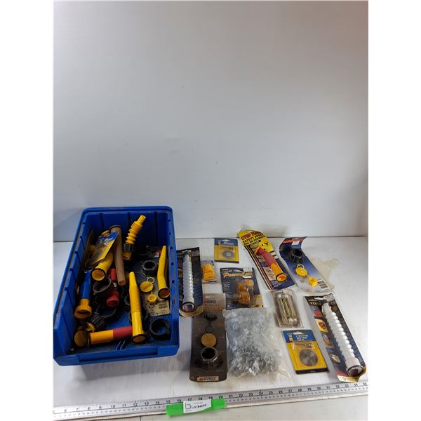 Plastic Bin, Fiche Powerlite Plug, Assorted Gasoline Spouts, Misc - As Is