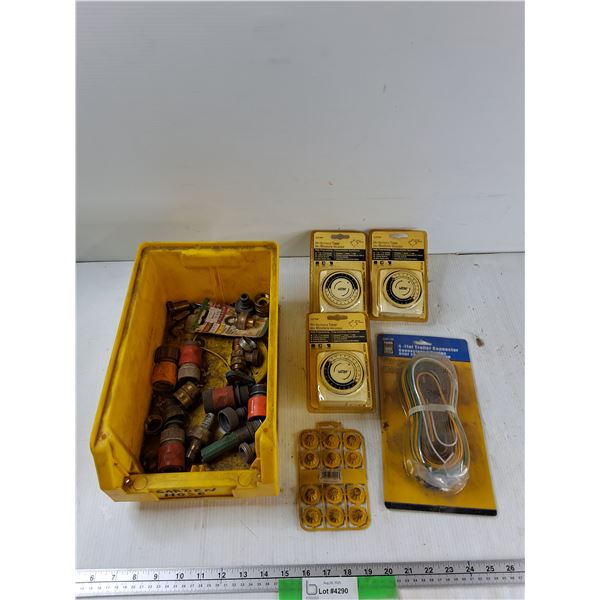 Plastic Bin, Garden Hose Connectors, (3) Mini Mechanical Timers, Misc - As Is