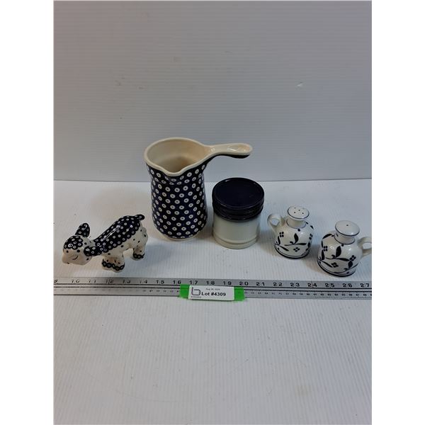 Boleslawieg Creamer Pitcher & Cow Figurine, Pearson Pottery Jar w/Lid, Villeroy Salt & Pepper Shaker