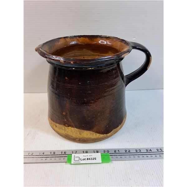 Brown Glazed Pottery Pitcher - 9" x 11"