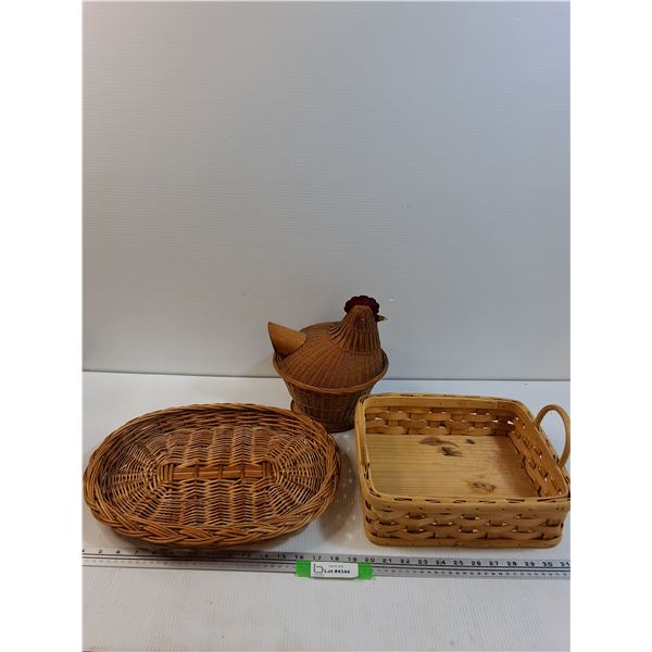 (3) Wicker Baskets: (2) Platter Style & (1) Rooster