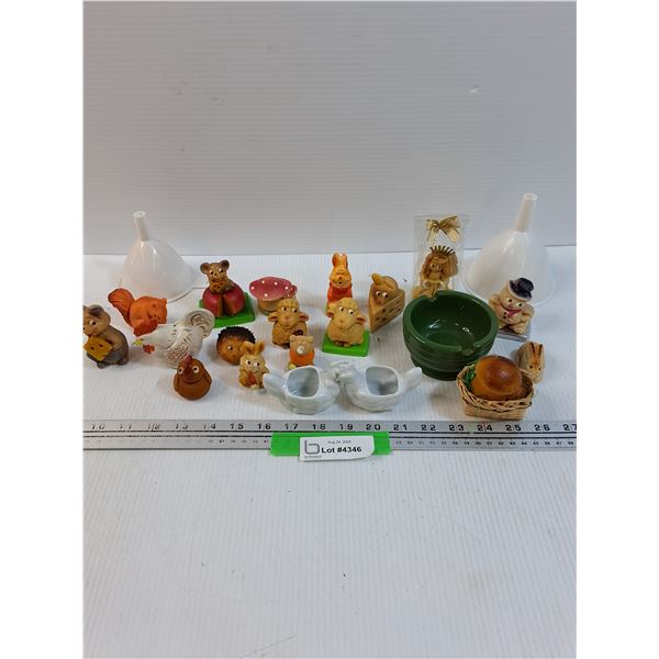 Various Animal Pottery & Ceramic Figurines & (2) White Plastic Funnels