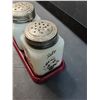 Image 3 : TIPP Brand Milk Glass Vintage Salt & Pepper Shakers w/Metal Holder