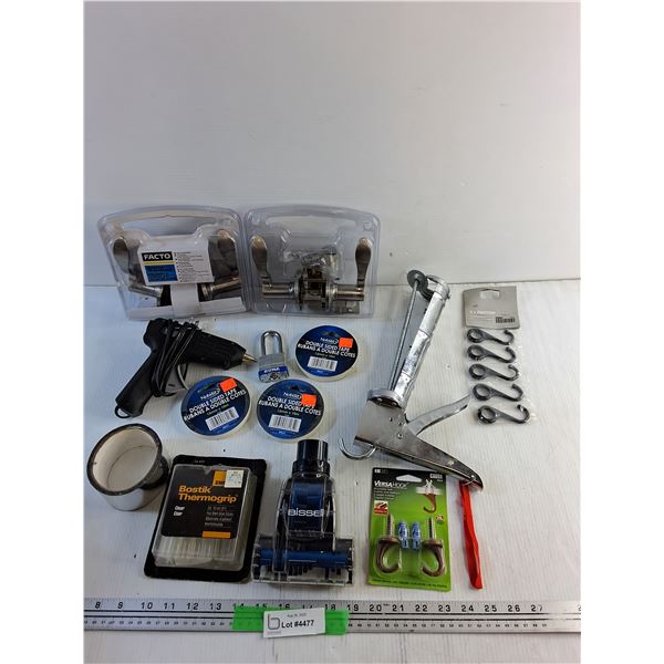 Door Locks, Double Sided Tape, Hot Glue Gun, Caulking Gun, VersaHook, Metal Tape, Misc